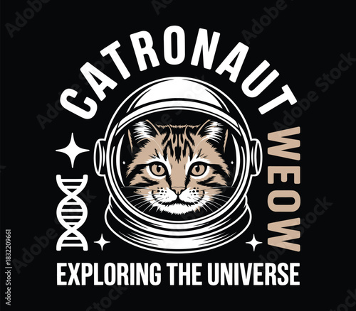 Catronaut exploring the universe with meow text design