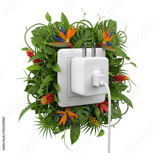 Green energy plug surrounded by lush tropical foliage and flowers