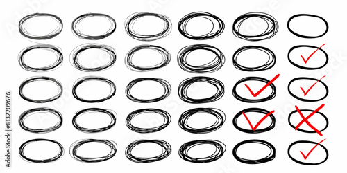 Hand drawn circles with checkmarks and crosses