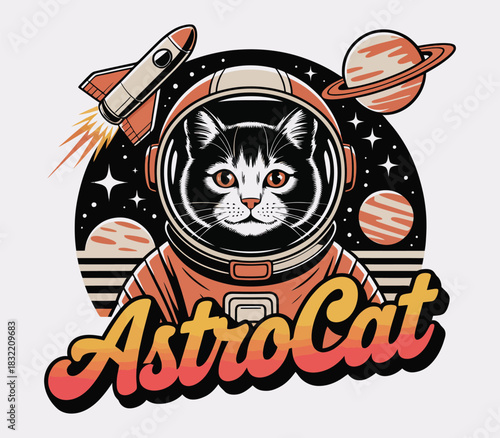 Retro astronaut cat in space suit with rocket and planet design