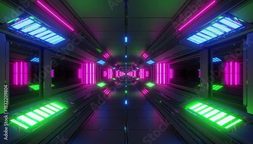 Futuristic science fiction tunnel with glowing vibrant neon lights creating a kaleidoscopic pattern for a digital technology background
