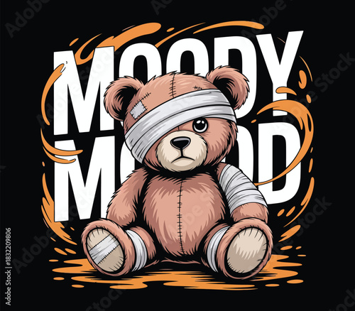 Sad teddy bear with bandage on eye and arm, moody text