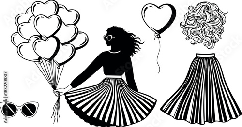 Minimalist black and white fashion vector art of twirling woman with striped skirt holding heart balloons for valentines day celebration, with sunglasses, separate hair and skirt elements