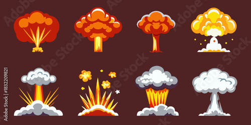Collection of cartoon explosions and mushroom clouds
