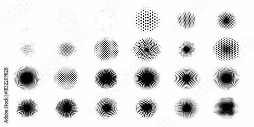 Collection of black and white halftone and radial effect graphic elements