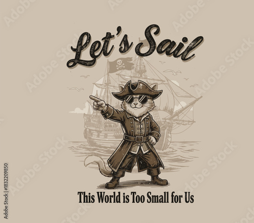 Cute cat pirate captain pointing with sailing ship background