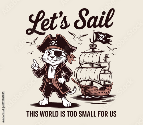 Cute cartoon pirate cat standing next to a sailing ship