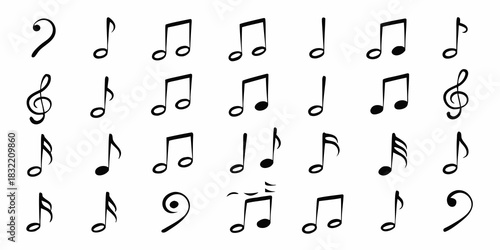 Collection of black music notes and symbols on white background