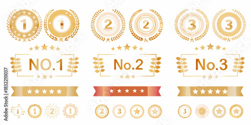 Golden ranking badges and awards for first second and third place