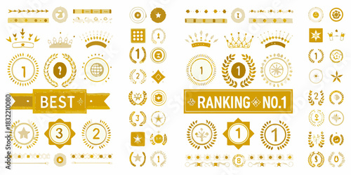 Collection of golden ranking and award icons and borders