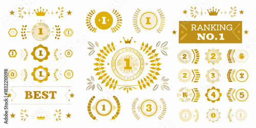 Collection of golden ranking and award badges with laurel wreaths and crowns