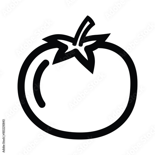 Simple black and white line art icon of a fresh ripe tomato with a stem