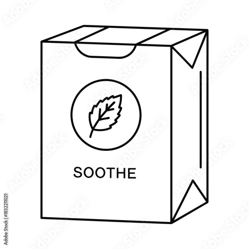 Hand drawn illustration of a small box with the word soothe and a leaf icon