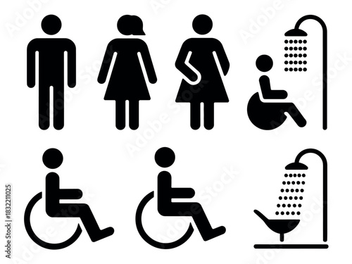 Black restroom and shower icons depicting man woman pregnant woman and disability