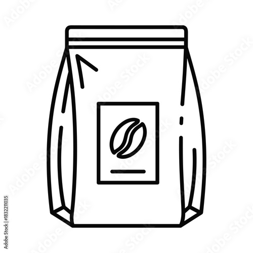 Simple outline drawing of a bag of coffee beans with a coffee bean icon on the label