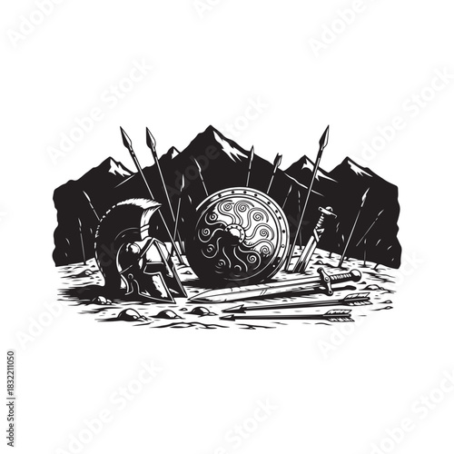 Ancient battlefield scene with warrior helmet, shield, spears Art & Illustration