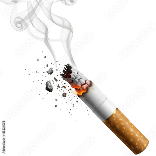 Burning cigarette with smoke isolated on transparent background