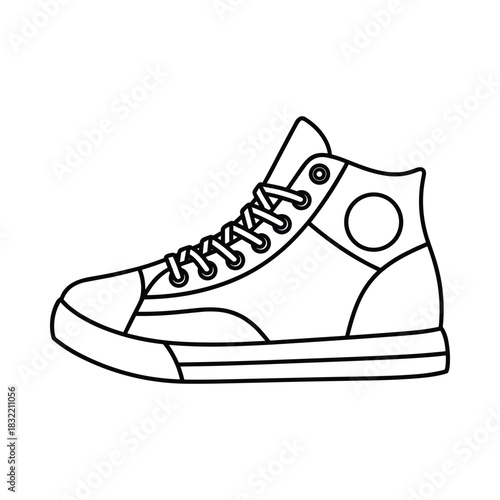 Hand drawn sketch of a high top sneaker shoe in black and white outline