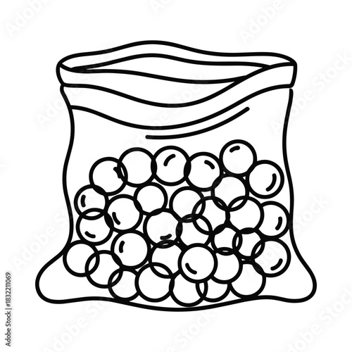 Simple black and white line drawing of a clear plastic bag filled with small round marbles or beads