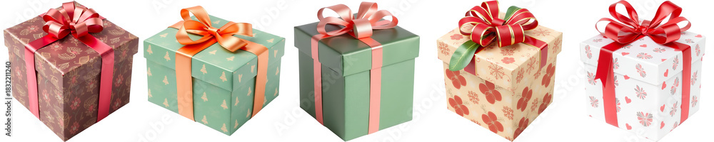 Fototapeta premium An assortment of five intricately wrapped gift boxes featuring unique patterns and colorful ribbons tied with elegant