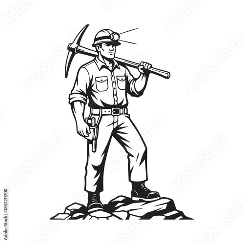 Miner with pickaxe and hard hat standing on rocks illustration