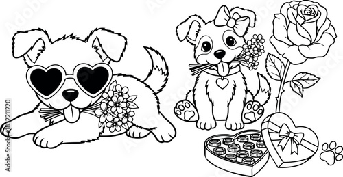 Cute line art puppies with heart sunglasses flowers rose and chocolate gift box for valentine’s day coloring page in horizontal landscape composition