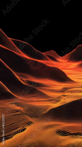 Ultra HD Abstract digital landscape of glowing orange wireframe dunes against a stark black background, representing a futuristic or alien terrain video