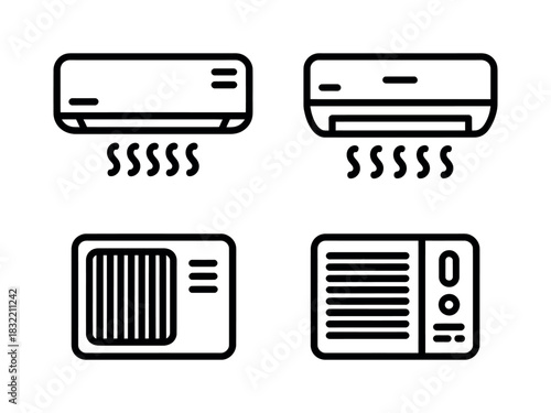 Illustration of four air conditioning units in black outline on a white background