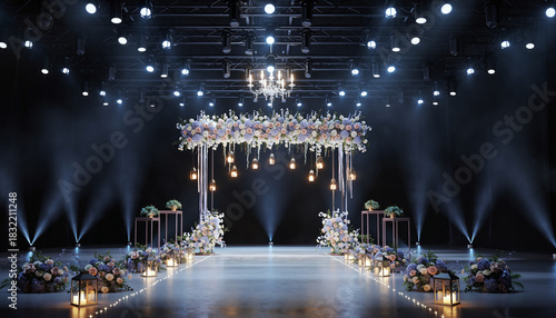 Elegant Wedding Ceremony Stage with Floral Arch and Romantic Lighting