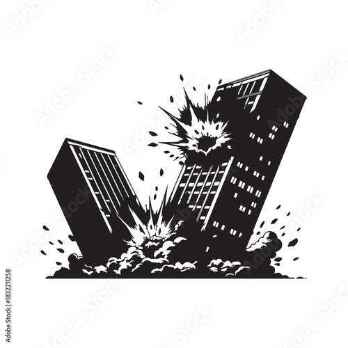 Stylized graphic of two collapsing buildings with impact debris Art & Illustration