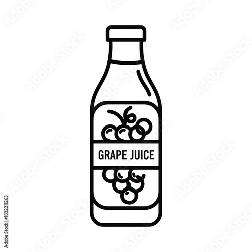 Simple outline illustration of a bottle of grape juice with grapes on the label