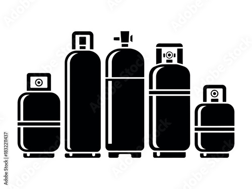 Illustration of five black gas cylinders of varying sizes on a white background