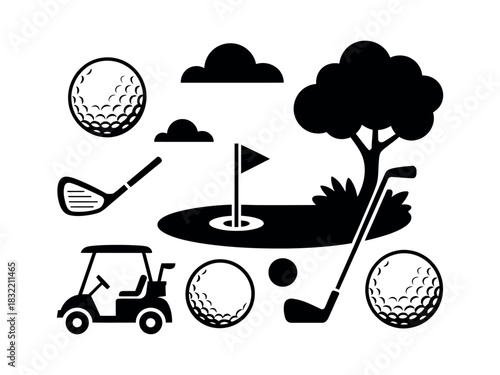 Black and white golf course icons with golf balls clubs and a golf cart image