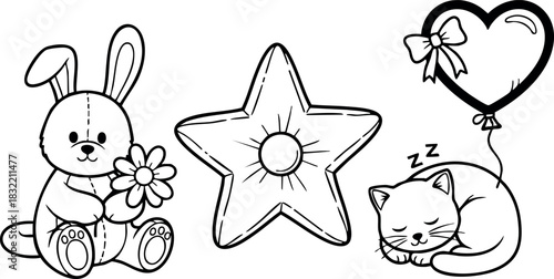 Cute line art bunny holding flower and sleeping kitten with heart balloon around central star, simple cartoon vector coloring page for kids in black outlines