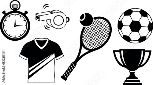 Minimalist black and white flat design sports icon set with stopwatch, whistle, jersey, tennis racket, football and trophy cup arranged on clean white background