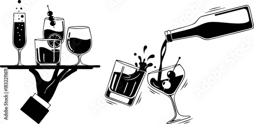 Minimalist black and white vector art of waiter hand holding cocktail tray and tilted tumblers splashing while bottle pours into martini glass with cherries