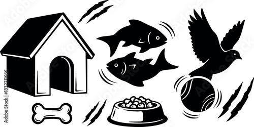 Bold black vector art of pet icons with doghouse, flying bird silhouette, swimming fish, food bowl, bone, tennis ball and claw scratches