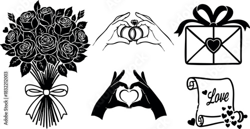 Monochrome flat design love icons with rose bouquet, engagement ring hands, heart gift envelope and romantic scroll, bold black silhouette style for valentine wedding greetings