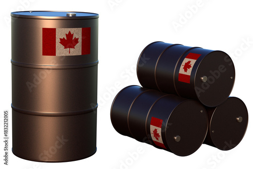 Oil barrels with the Canada flag on transparent background. 3D Render