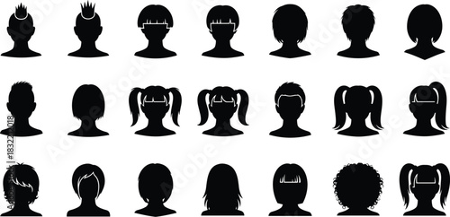 Human head silhouette, hairstyle variety, black icons, gender neutral, vector illustration, avatar design, haircuts, creative concept, stock image, diversityHuman head silhouette, hairstyle variety 