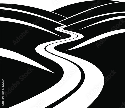 Winding road through rolling hills in a graphic style vector art