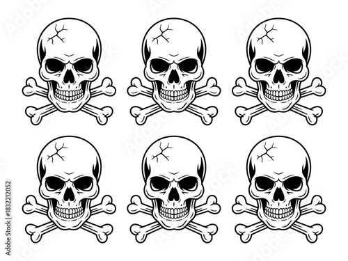 A pattern of six black and white skull and crossbones on a white background image