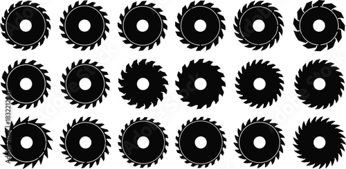 Industrial, mechanical, circular, saw, blade, icon, set, silhouette, vector, teeth, gear, tool, sharp, cutting, design, engineering, hardware, black, metal, equipment