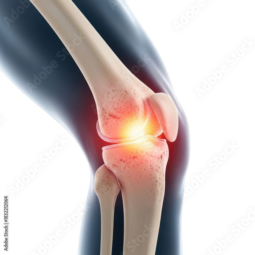 Anatomical knee joint with inflammation highlighted isolated on transparent background