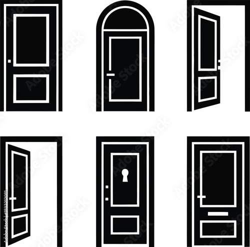 Collection of black and white door icons representing various entryways