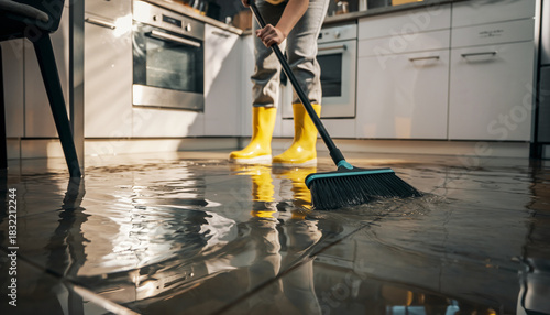 Homeowner in yellow rubber boots using a broom to clean up a flooded kitchen floor after a major water leak or accident