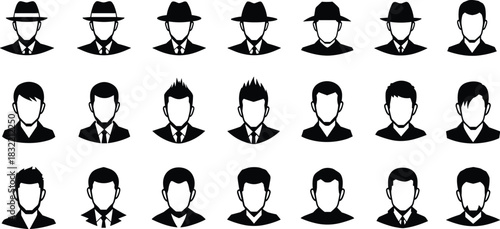 Male avatar icons, hairstyle variations, silhouette profile set, facial hair styles, headwear collection, black vector heads, digital character designMale avatar icons