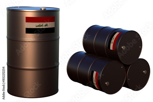 Oil barrels with the Irak flag on transparent background. 3D Render