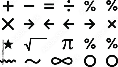 Mathematical symbols, logic icons, abstract signs, educational elements, vector graphics, school tools, digital symbols, math operations, academic design, learning visuals