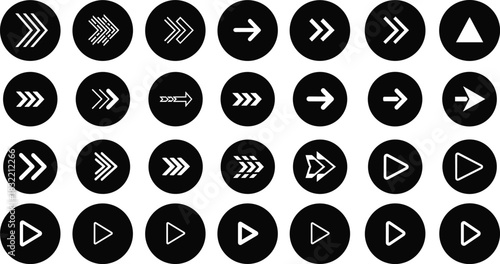 Media control icons, arrow symbols, play buttons, navigation UI, black circular buttons, interface elements, directional signs, minimalist design, vector set